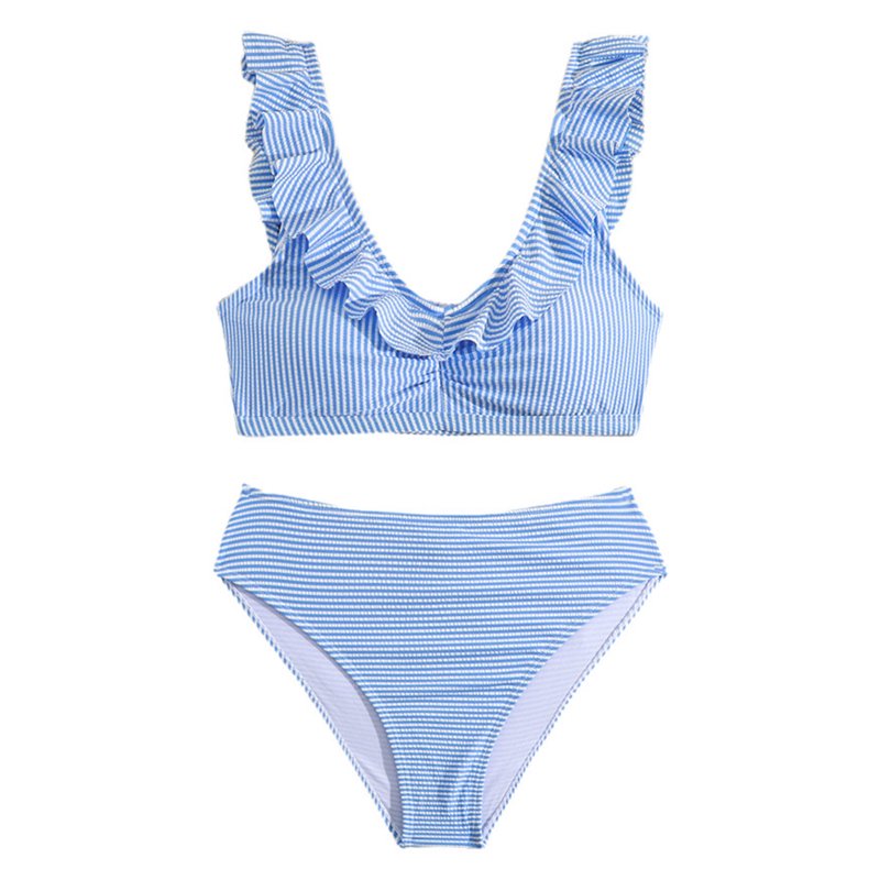 Ulitacool Swimsuits For Teens 13 Years Two Piece Striped Prints Bikini Swimwear Bathing Suit Retro Girl Clothes Light Blue