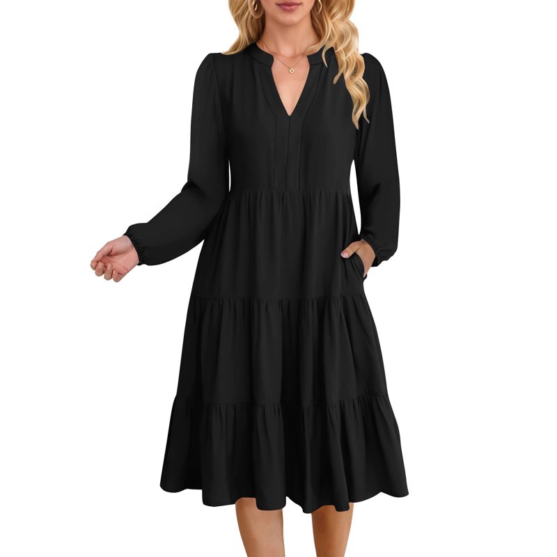 UVN Fall Dresses For Women Long Sleeve V Neck Midi Dress Casual Loose Flowy Swing Tiered Dress With Pockets