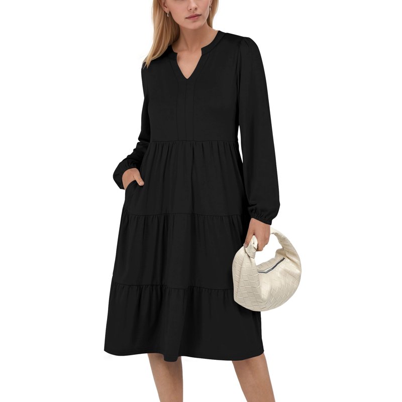 UVN Fall Dresses For Women Long Sleeve V Neck Midi Dress Casual Loose Flowy Swing Tiered Dress With Pockets
