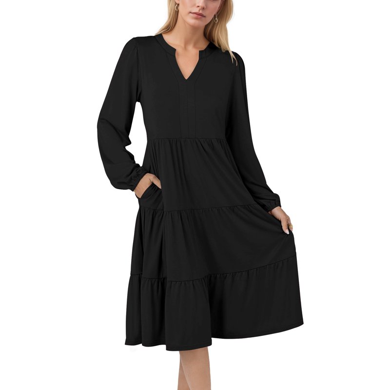 UVN Fall Dresses For Women Long Sleeve V Neck Midi Dress Casual Loose Flowy Swing Tiered Dress With Pockets