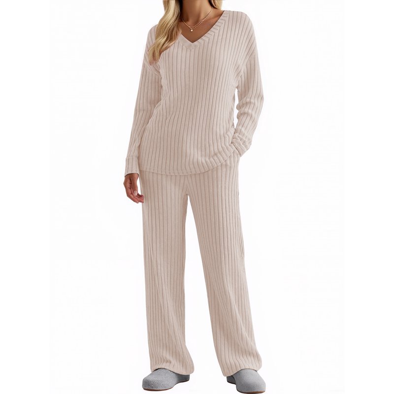 UVN Outfit Sets For Women Two Piece Sets Winter Casual Long Sleeve Tops And Long Pants Lounge Sets Ribbed Knit Pajama Sets With Pockets