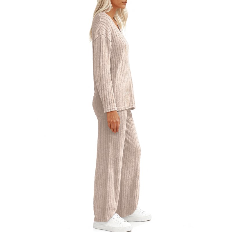 UVN Outfit Sets For Women Two Piece Sets Winter Casual Long Sleeve Tops And Long Pants Lounge Sets Ribbed Knit Pajama Sets With Pockets