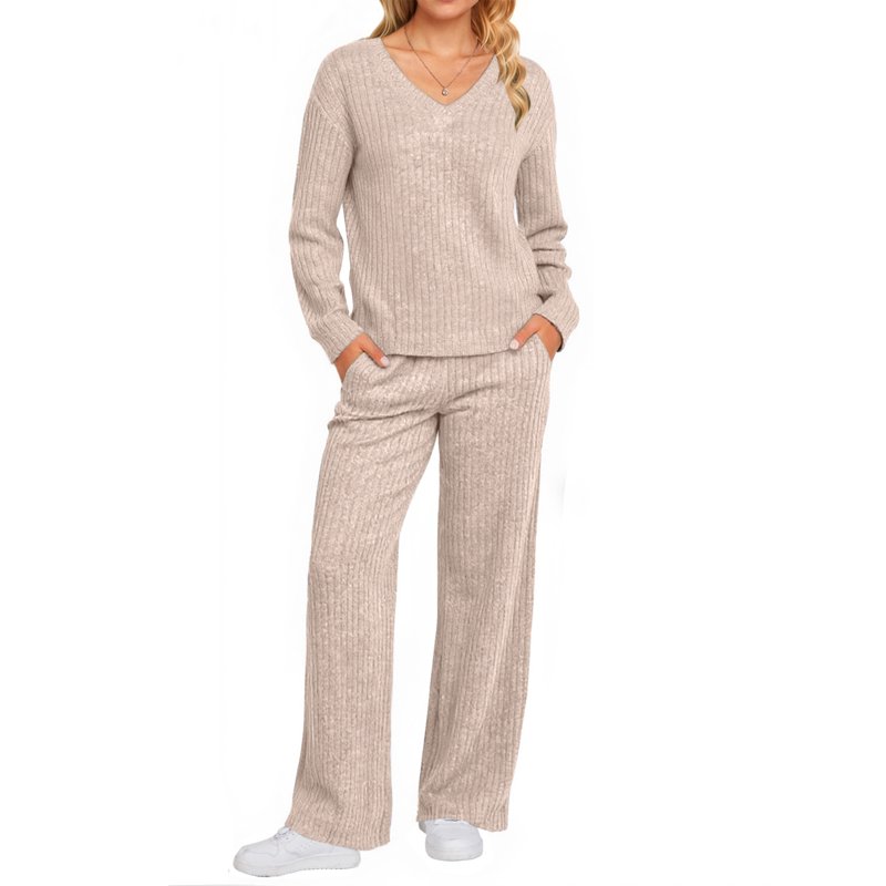 UVN Outfit Sets for Women Two Piece Sets Winter Casual Long Sleeve Tops and Long Pants Lounge Sets Ribbed Knit Pajama Sets with Pockets