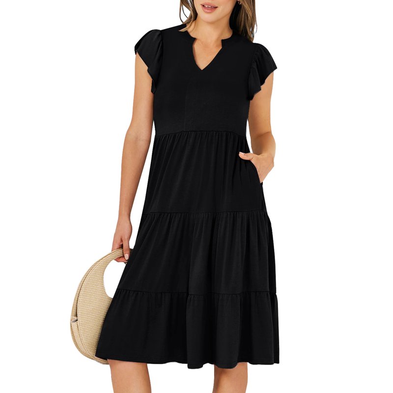 UVN Summer Dresses For Women Ruffle Sleeve V Neck Midi Dress Casual Beach Sundress With Pockets