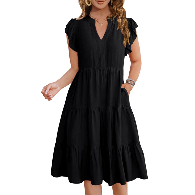 UVN Summer Dresses for Women Ruffle Sleeve V Neck Midi Dress Casual Beach Sundress with Pockets UVN Summer Dresses for Women Ruffle Sleeve V Neck Midi Dress Casual Beach Sundress with Pockets