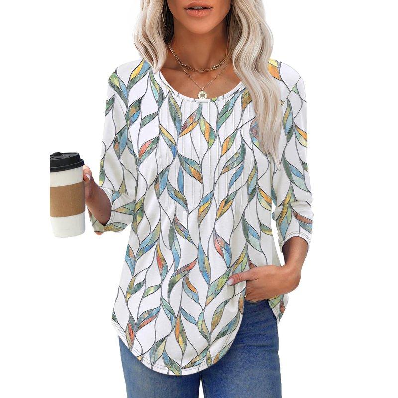 UVN Women Summer Blouses 3/4 Sleeves Loose Fit Shirts Ladies Pleated Crew Neck Tunic Tops