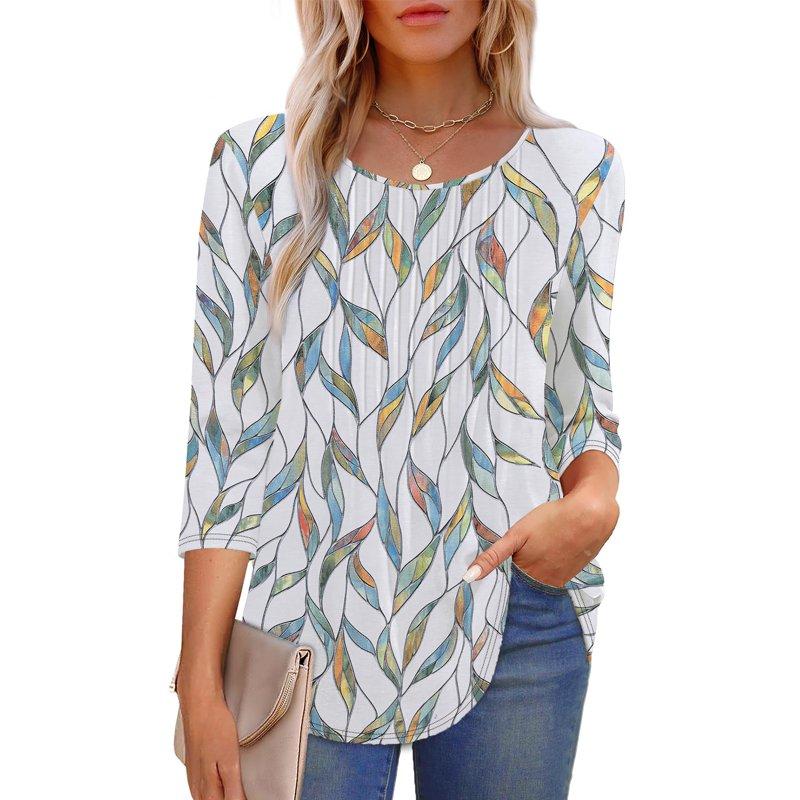 UVN Women Summer Blouses 3/4 Sleeves Loose Fit Shirts Ladies Pleated Crew Neck Tunic Tops