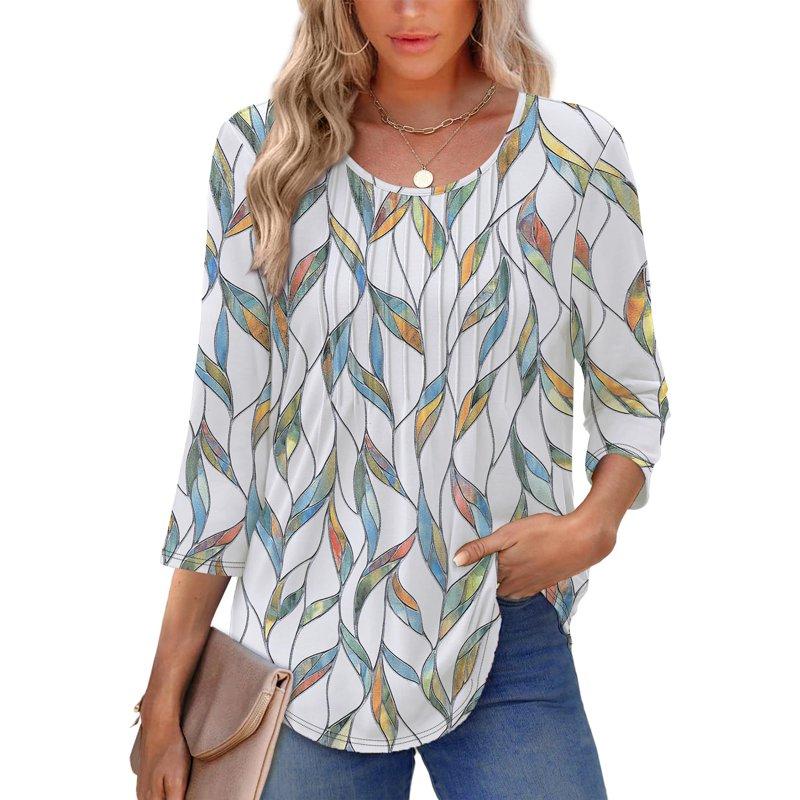 UVN Women Summer Blouses 3/4 Sleeves Loose Fit Shirts Ladies Pleated Crew Neck Tunic Tops