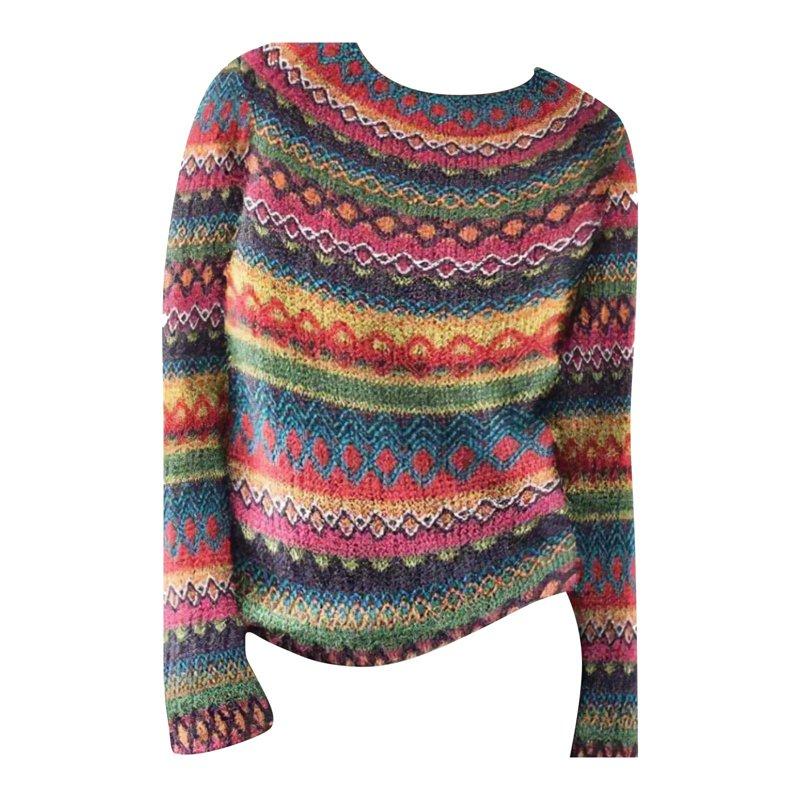 Valueadd Clearance Women's Knitted Isle Print Retro Sweater Casual Loose Crewneck Long Sleeve Lightweight Cropped Pullover Tops Hot Pink