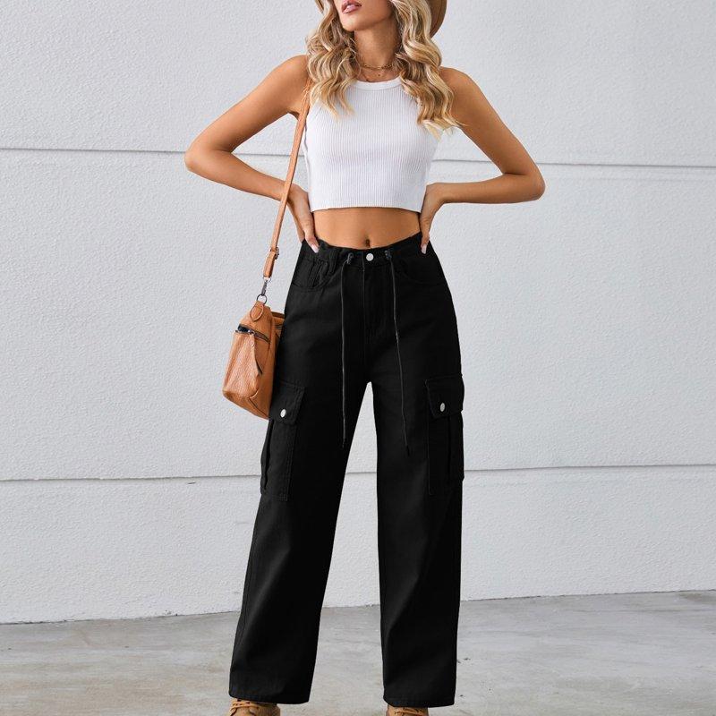 VBVC No Boundaries Women's Casual Cargo Tied Pants 2 Flap Pocket Trousers For Ladies Women's Y2K High Waist Jeans Black SizeL