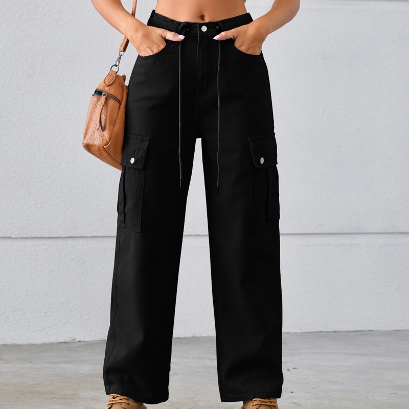 VBVC No Boundaries Women's Casual Cargo Tied Pants 2 Flap Pocket Trousers For Ladies Women's Y2K High Waist Jeans Black SizeL