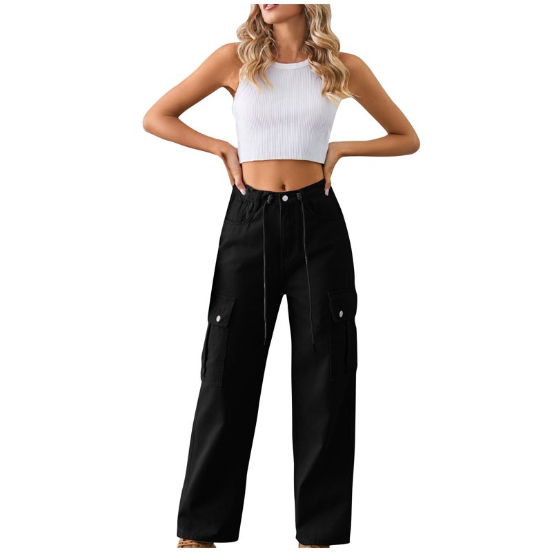 VBVC No Boundaries Women's Casual Cargo Tied Pants 2 Flap Pocket Trousers For Ladies Women's Y2K High Waist Jeans Black SizeL