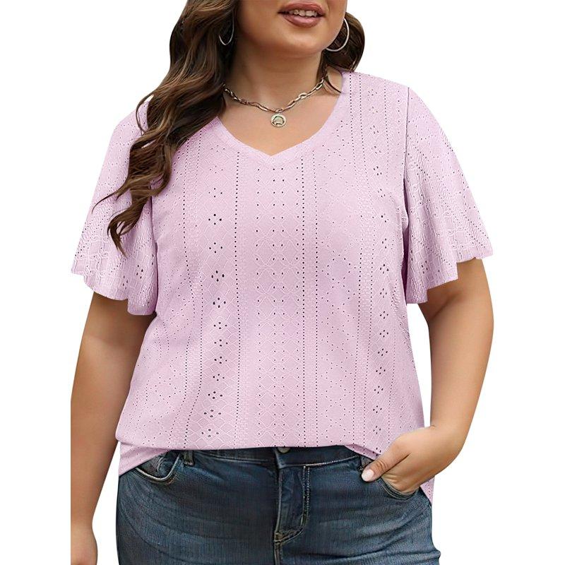 VDJ Women Dressy Tops Summer Short Sleeve Plus Size Casual Light Weight Oversize Fashion Pink Blouses Size 3XL