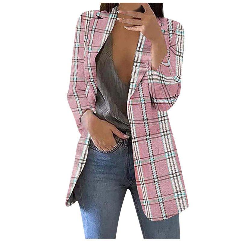 VEKDONE Plaid Blazer Jackets For Women 2025 Clearance Sale Casual Long Sleeve Open Front Coat Business Office Work Lapel Blazers Jacket Pink L