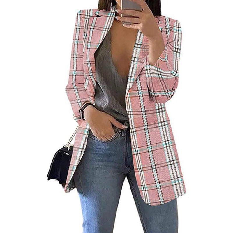 VEKDONE Plaid Blazer Jackets for Women 2025 Clearance Sale Casual Long Sleeve Open Front Coat Business Office Work Lapel Blazers Jacket Pink L