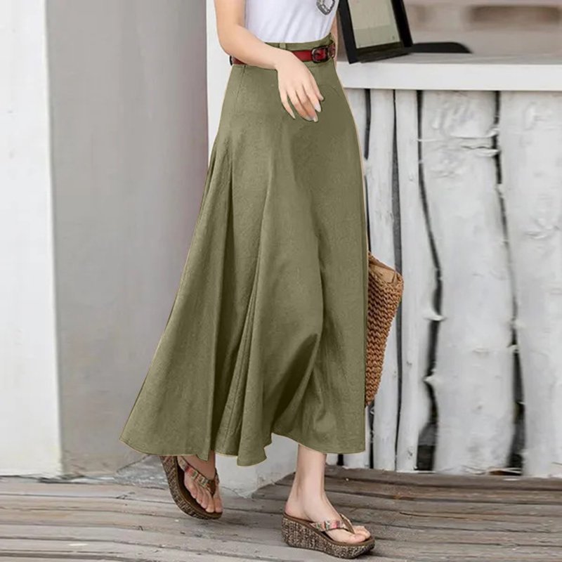 Vigerkar Women Casual Cotton Linen A Line Skirt High Waist Long Flowy Skirt Flare Swing Ruffle Skirt AG XL