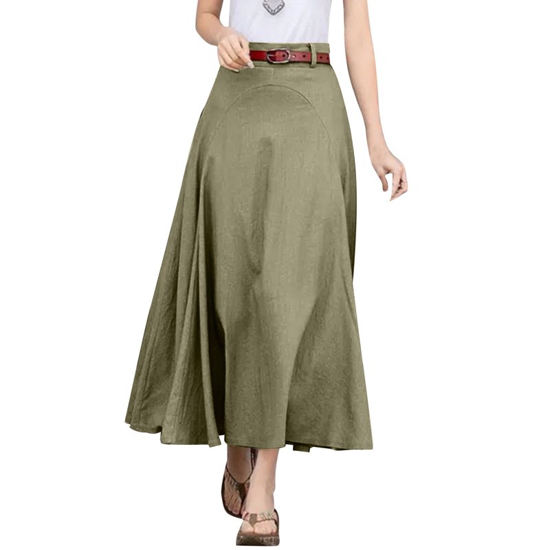 vigerkar Women Casual Cotton Linen A Line Skirt High Waist Long Flowy Skirt Flare Swing Ruffle Skirt AG XL