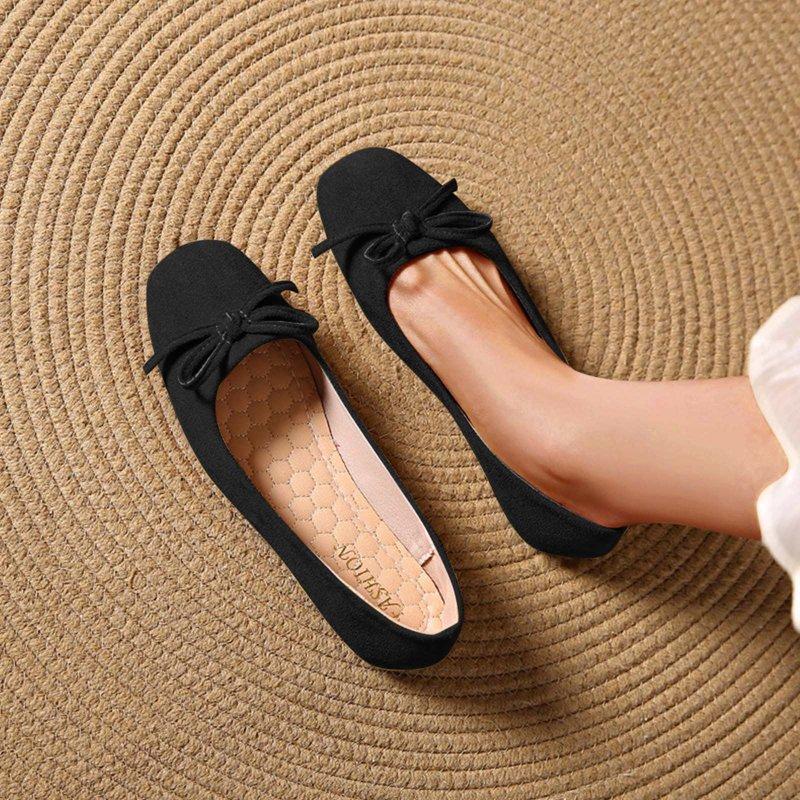 Viluyesy Women's Ballet Flats Comfortable String Bow Round Toe New Style Casual Dressy Office Shoes Black 5.5