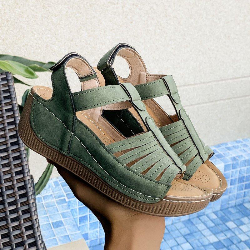 Viluyesy Women's Wedge Sandals Round Toe Breathable Comfort Arch Support Ladies Casual Platform Shoes Army Green