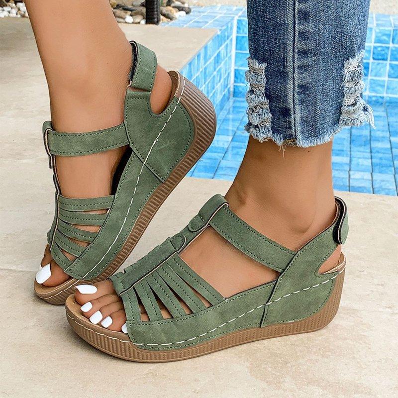 Viluyesy Women's Wedge Sandals Round Toe Breathable Comfort Arch Support Ladies Casual Platform Shoes Army Green