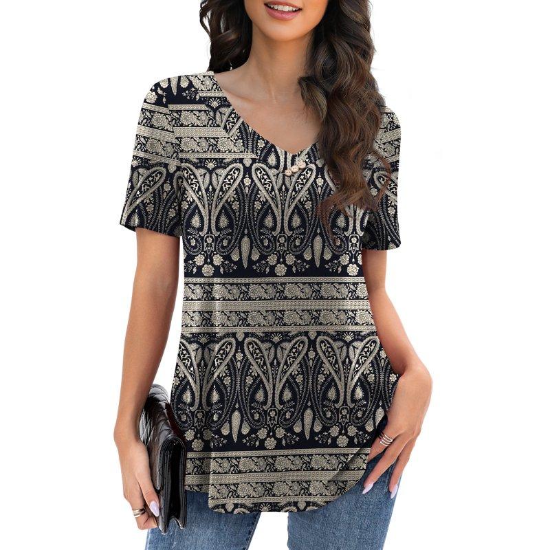 VOIANLIMO Womens Plus Size Casual Tops V Neck Short Sleeve Shirt Floral Blouses Tunic Tops M-4X