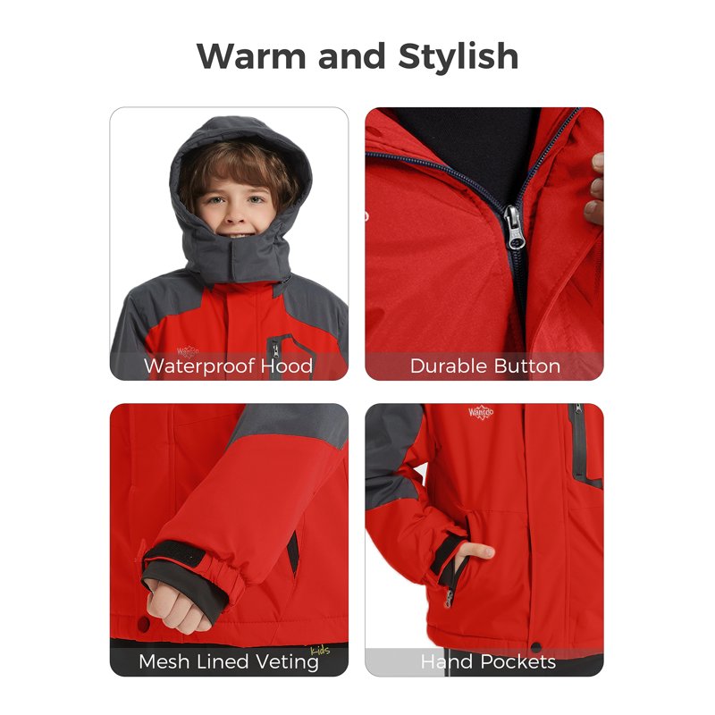 Wantdo Boy's Ski Jacket Waterproof Ski Coats Snow Jacket With Detachable Hood Red 10/12