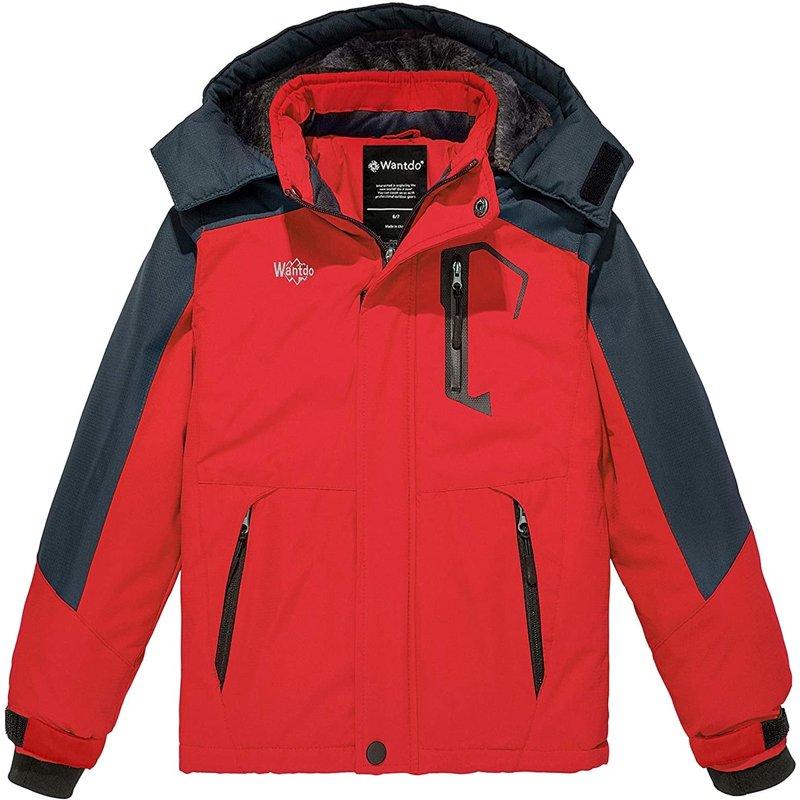 Wantdo Boy's Ski Jacket Waterproof Ski Coats Snow Jacket with Detachable Hood Red 10/12