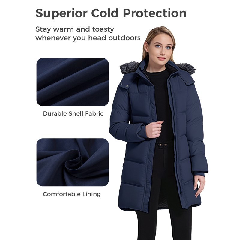 Wantdo Women's Recycled Coat Hooded Winter Jacket Insulated Faux Fur Hooded Snow Jacket Navy XL