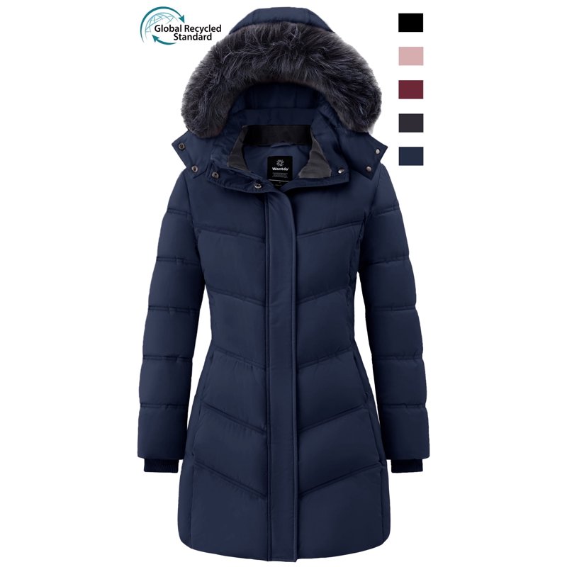 Wantdo Women's Recycled Coat Hooded Winter Jacket Insulated Faux Fur Hooded Snow Jacket Navy XL