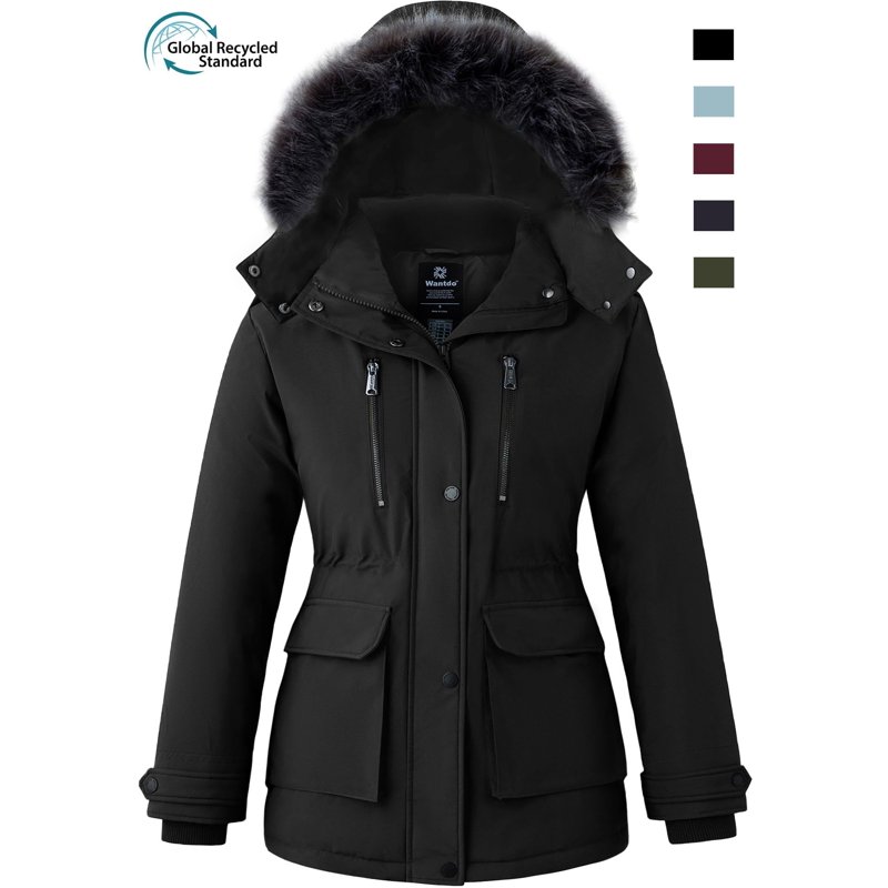 Wantdo Women's Recycled Puffy Coat Recycled Winter Padded Jacket Waterproof Winter Snow Puffer Coat Black XL