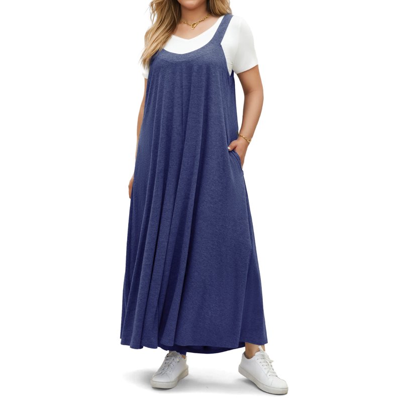 WellSize Plus Size Jumpsuits For Women Adjustable Straps Loose Overalls Long Rompers With Pockets