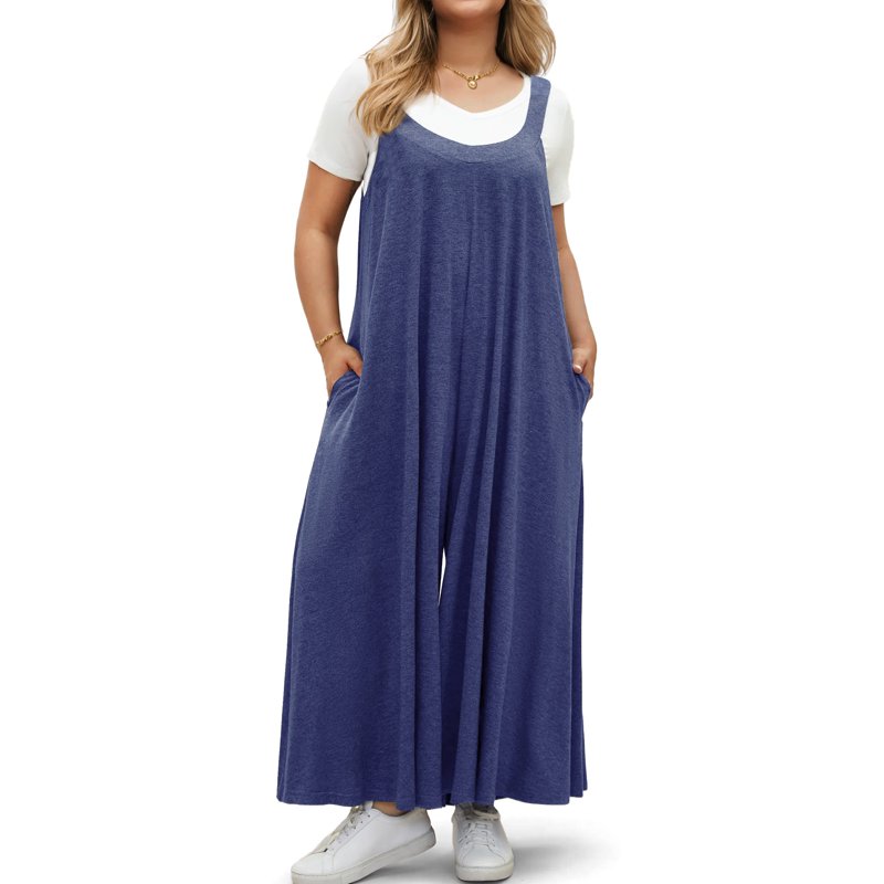 WellSize Plus Size Jumpsuits for Women Adjustable Straps Loose Overalls Long Rompers With Pockets