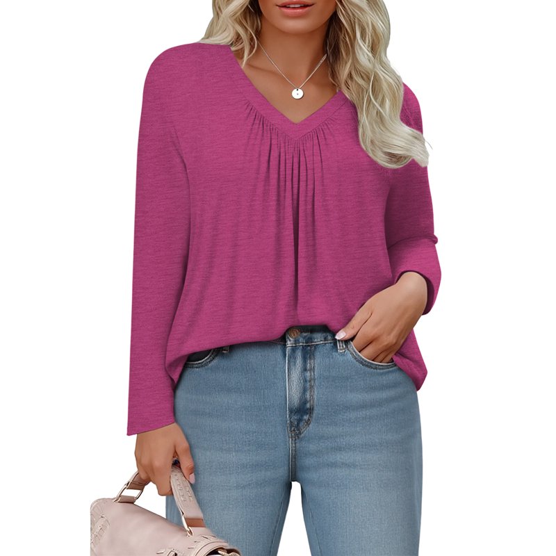 WellSize Womens Plus Size Tops Casual Pleated V Neck Fall Blouse Tunic Long Sleeve Shirts
