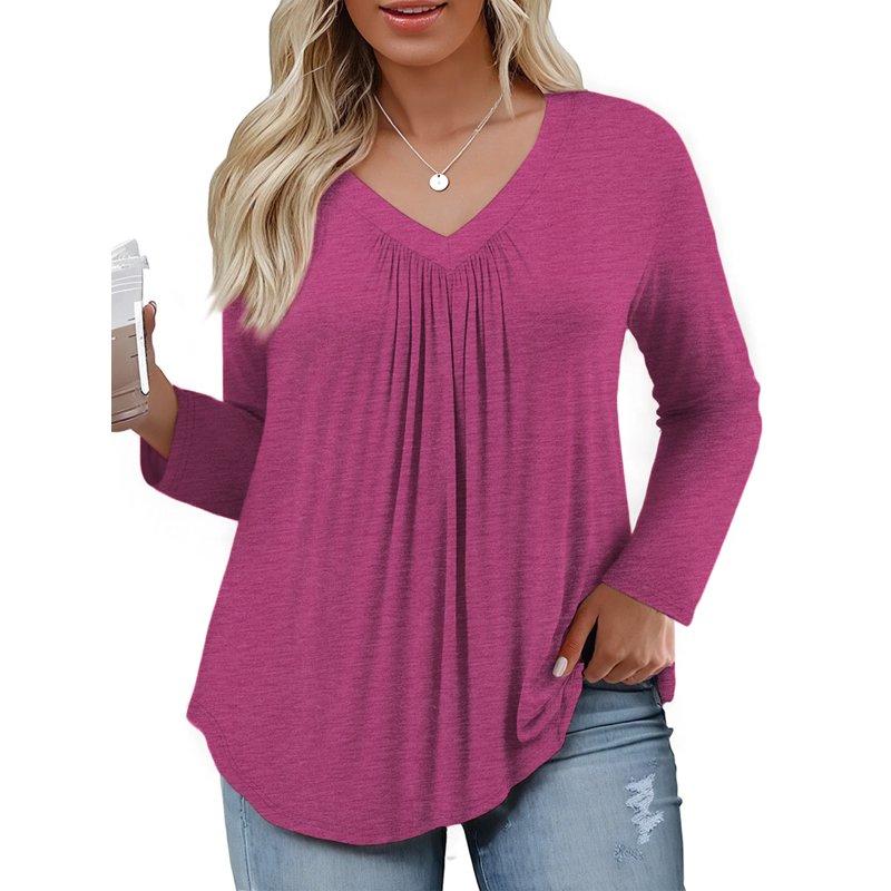 WellSize Womens Plus Size Tops Casual Pleated V Neck Fall Blouse Tunic Long Sleeve Shirts