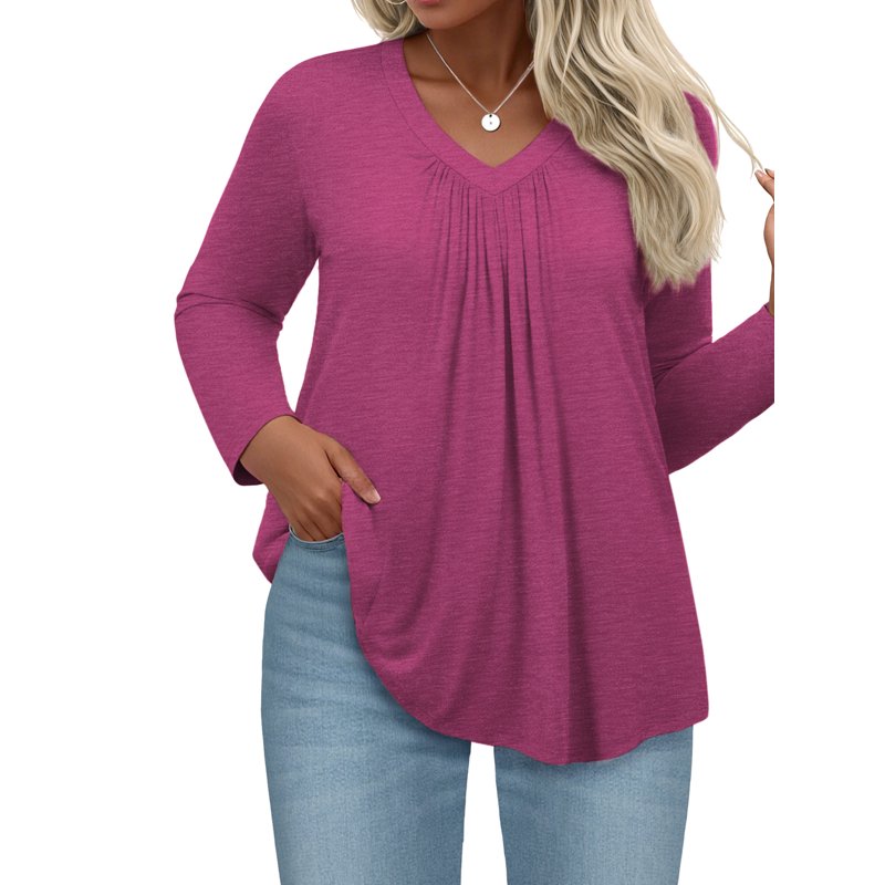 WellSize Womens Plus Size Tops Casual Pleated V Neck Fall Blouse Tunic Long Sleeve Shirts