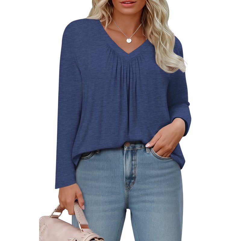 WellSize Womens Plus Size Tops Casual Pleated V Neck Fall Blouse Tunic Long Sleeve Shirts
