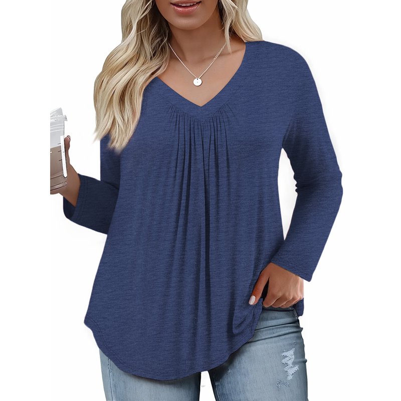 WellSize Womens Plus Size Tops Casual Pleated V Neck Fall Blouse Tunic Long Sleeve Shirts