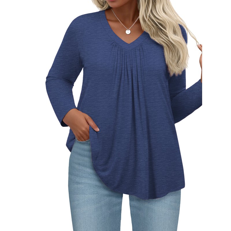 WellSize Womens Plus Size Tops Casual Pleated V Neck Fall Blouse Tunic Long Sleeve Shirts