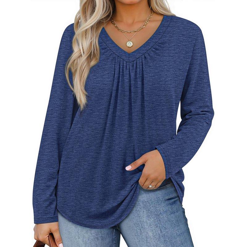 WellSize Womens Plus Size Tops Casual Pleated V Neck Fall Blouse Tunic Long Sleeve Shirts