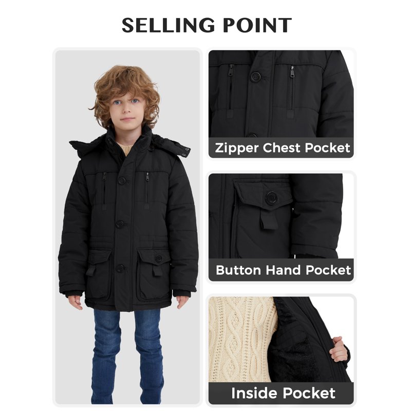 WenVen Boy's Puffer Jacket Thicken Winter Coat Windproof Winter Jacket Black 10/12