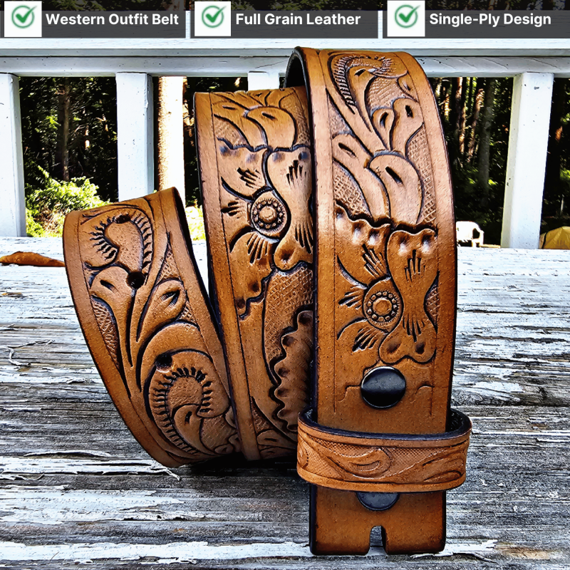 Western Leather Belt Strap Without Buckle – Hand-Tooled Full-Grain Leather Cowboy Men's & Women’s Casual Belt-Plus Sizes Available