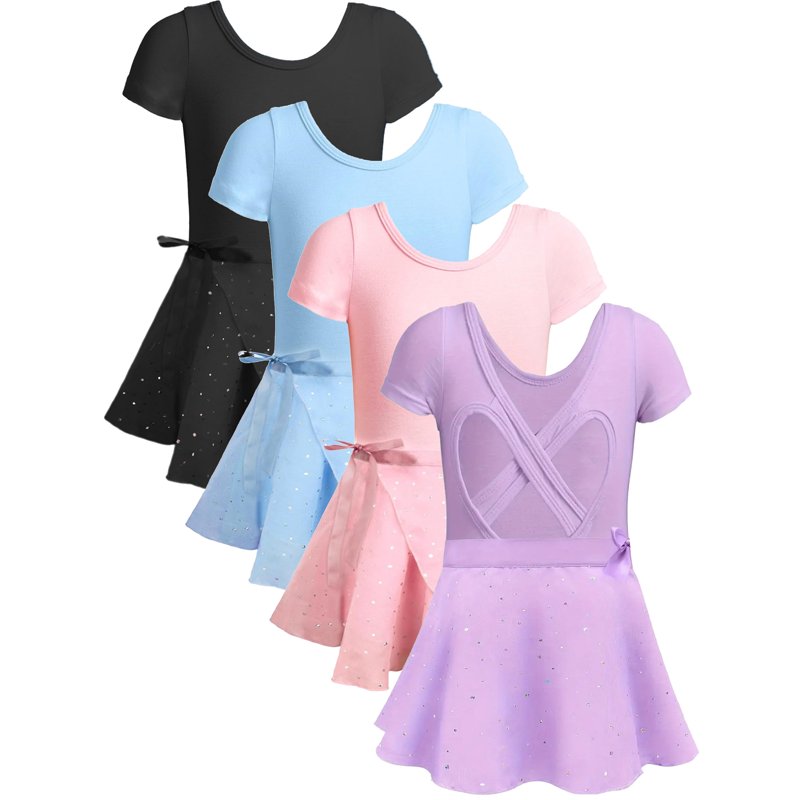 WIBACKER Girls Ballet Leotards Kids Short Sleeve Crisscross Back Dance Dress Outfit with Removable Shiny Skirt Combo