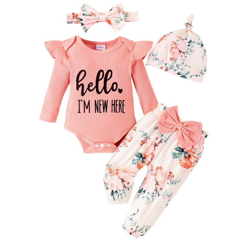 WIBACKER Newborn Baby Girl 4Pcs Outfit Infant Girl Outfits Long Sleeve Ruffle Romper + Floral Pants + Headband +Hat Set Clothes