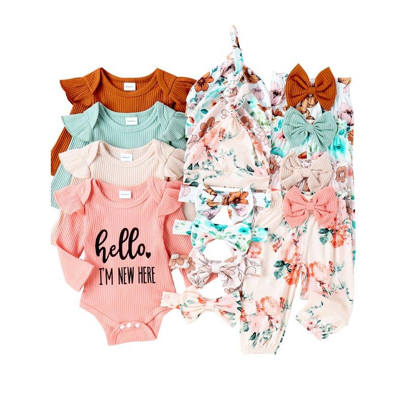 WIBACKER Newborn Baby Girl 4Pcs Outfit Infant Girl Outfits Long Sleeve Ruffle Romper + Floral Pants + Headband +Hat Set Clothes