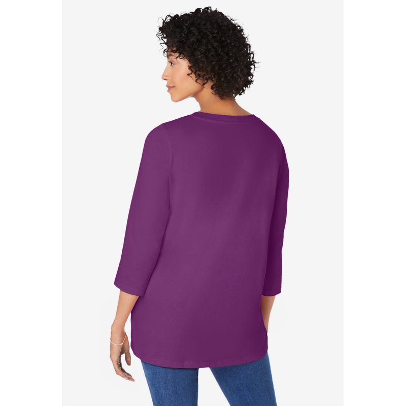 Woman Within Plus Size Perfect Three-Quarter Sleeve V-Neck Tunic