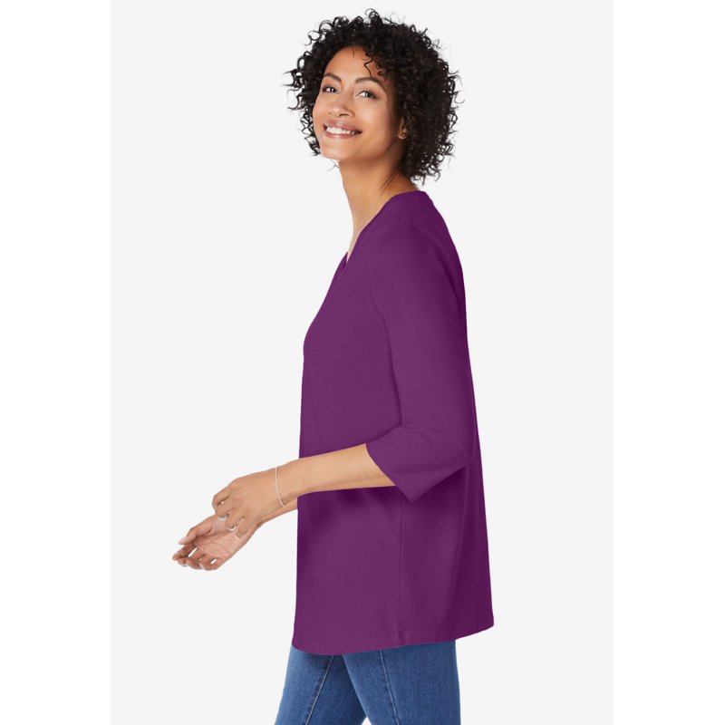Woman Within Plus Size Perfect Three-Quarter Sleeve V-Neck Tunic