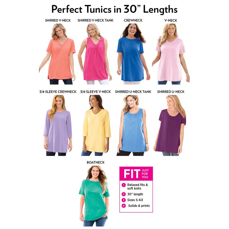 Woman Within Plus Size Perfect Three-Quarter Sleeve V-Neck Tunic