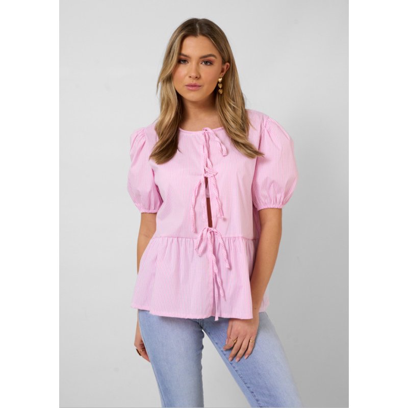Women Bow Tie Front Shirt Top Cute Puff Sleeve Y2K Peplum Ruffle Babydoll Blouse Lace Up Summer Going Out