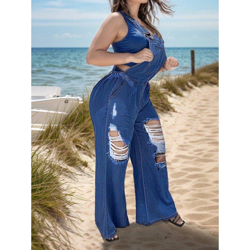 Women Casual Loose Fit Classic Adjustable Strap Denim Distressed Denim Overalls Jumpsuit With Practical Large Pockets Loose Fit Breathable Cotton For Beach Casual Daily Wear