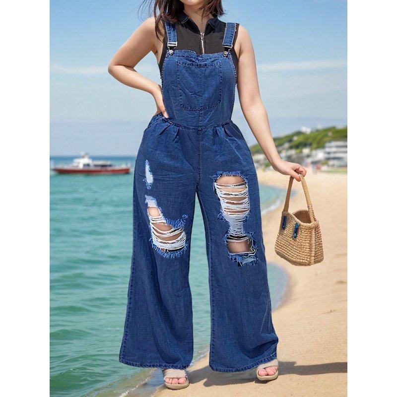 Women Casual Loose Fit Classic Adjustable Strap Denim Distressed Denim Overalls Jumpsuit With Practical Large Pockets Loose Fit Breathable Cotton For Beach Casual Daily Wear